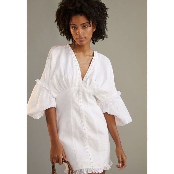 Anthropologie Joslin White Linen Mini Dress Flutter Sleeve Deep V Neck Women’s 8 - Picture 1 of 16